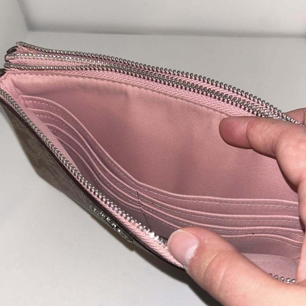 Coach Double Zip Wallet Pink And Brown Wristlet - Picture 3 of 6